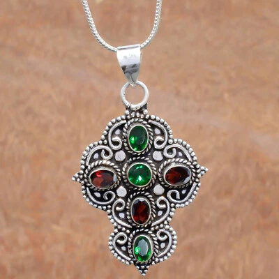 Chrome Diopside, Garnet Cut Gemstone 925 Sterling Silver Cross Handcraft Pendant - Image 1 of 4