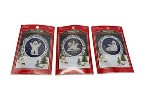 Lot 3 Holiday Time Cross Stitch Wall Hanging Ornament Kit Snow Babies Lace Trim - Picture 1 of 2