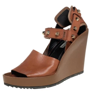 Balenciaga Brown Leather Wedge Ankle Strap Sandals Size 38.5 - Picture 1 of 8