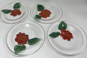 Red Poppy Flower Plates Four Painted Clear Glass Handpainted Vintage Plates - Picture 1 of 5