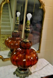 Vintage MCM Italian Blown Amber Art Glass 3 Way Lamp Hollywood Regency #1 - Picture 1 of 11