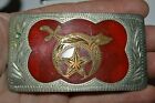 Vintage Aged SHRINERS Silver Plated RED Inlaid Western Cowboy Belt Buckle Rare