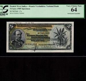 Danish West Indies 5 Francs 1905 P-17s * PCGS Unc 64 * Specimen * - Bild 1 von 2
