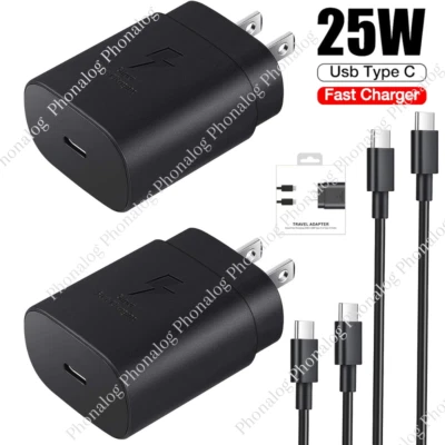 25W Dual Type C USB-C Cable Super Fast Wall PD Charger Block For Samsung Android - Image 1 of 4