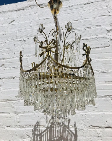 29" Antique Chandelier, Tiered, Brass, Glass, Floral, French, Italian, Vintage Cover