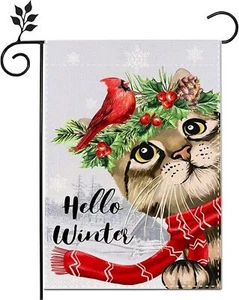 Hello Winter Cardinal Garden Flag 12x18,Double Sided Snow Cat Bird Yard Decor US - Picture 1 of 7