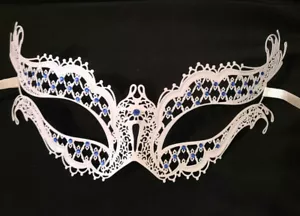 White Blue Crystal Gems Laser Cut Metal Filigree Mask Masquerade - Picture 1 of 4