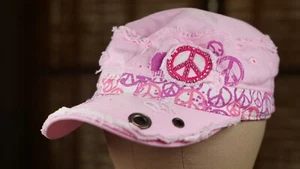 😍 Vintage Distressed Pink💕Cadet-style Peace sign cap ✌️ girls 2000s fashion - Picture 1 of 4