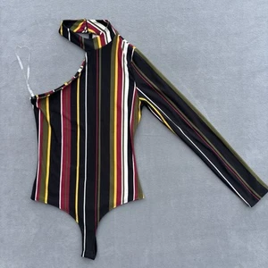 A'gaci Bodysuit Women's Small High Neck Single Long Sleeve 90's Retro Striped - Picture 1 of 11