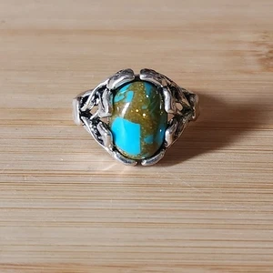 Anillo llamativo de vidrio artístico tono plata mancha de oro azul cabujón ovalado talla 10 - Imagen 1 de 8