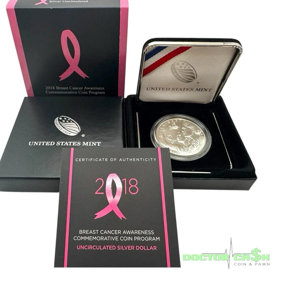 2018 Breast Cancer Awareness Commemorative UNC Silver Dollar with Box & COA - Image 1 of 1