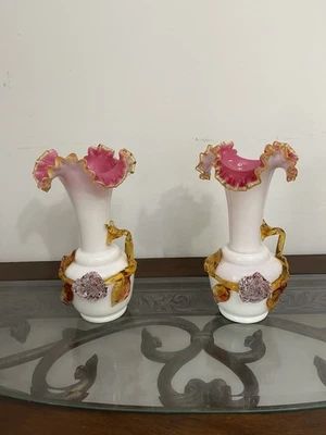 Victorian Stevens & Williams Vases Pink White Art Glass w/ Applied Flowers - Image 1 of 4