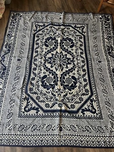 Antique Jacquard Coverlet Dark Blue & Off White 1800s 76x62” Beautiful See Descr - Picture 1 of 12
