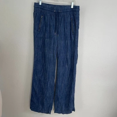 Calça Athleta Feminina 12 Azul Cabo Linho Perna Larga Cordão Cintura Elástica - Imagem 1 de 4