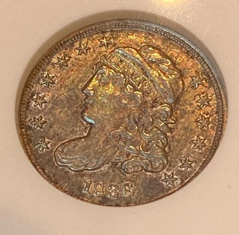 1836 LM-4 half dime H10c 5c old ANACS AU50 (should be 55)Great blue and red tone Cover