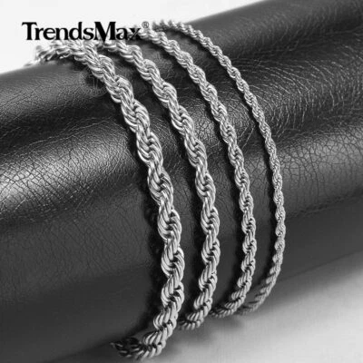 2-5MM Silver Stainless Steel Twisted Rope Chain Bracelet For Men Women 7+2" Link - Image 1 of 4