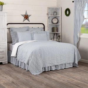 Sawyer Mill Blue Ticking Stripe Queen Quilt Coverlet 90Wx90L VHC Brands Cotton - Picture 1 of 4