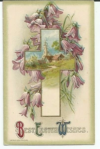 Postal de colección Best Easter Wishes Cruz iglesia flores púrpuras Winsch 1910 sin publicar - Imagen 1 de 2