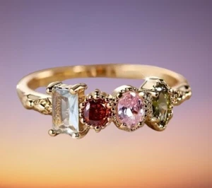 Ring Gold Steine Bunt Rot Grün Rosa Steinchen Glitzer Größe 54 Filigran Elegant - Bild 1 von 2