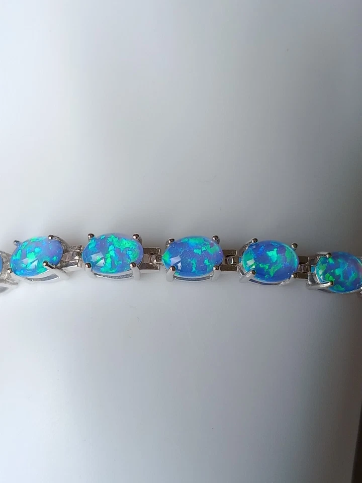 Pulsera de ópalo azul natural, pulsera de tenis, plata piedra de nacimiento de octubre, ópalo Foto 1 de 3