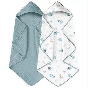 Babytücher mit Kapuze für Neugeborene 2er Pack 100% Musselin Baumwolle Baby Badetuch mit Ho - Bild 1 von 12