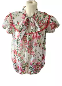 Damen Kurzarm hübsche creme Blumenmuster halbtransparente Bluse Krawatte Ausschnitt Gr. 14 - Bild 1 von 4