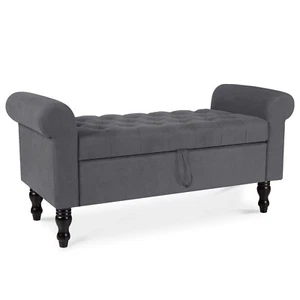 50in Storage Bench with Upholstered Rolled Arm Ottoman Bench Couch w/ Wood Legs - Picture 1 of 27