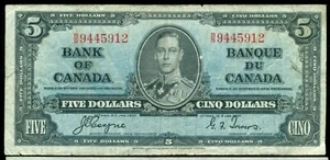 1937 Canada, King George VI, BC-23c, Bank of Canada $5, Coyne/Towers, B/S P88 - Picture 1 of 2