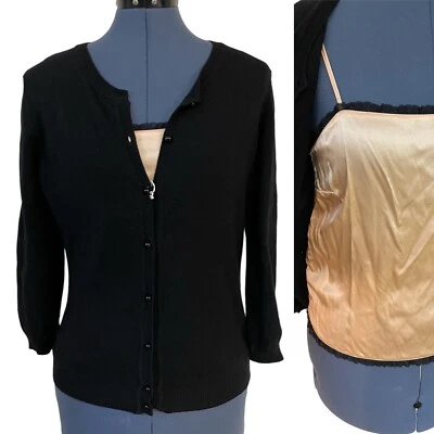 NWT Valentino Black Cashmere Button Cardigan Silk Camel Camisole 42 8 Old Money - Image 1 of 4