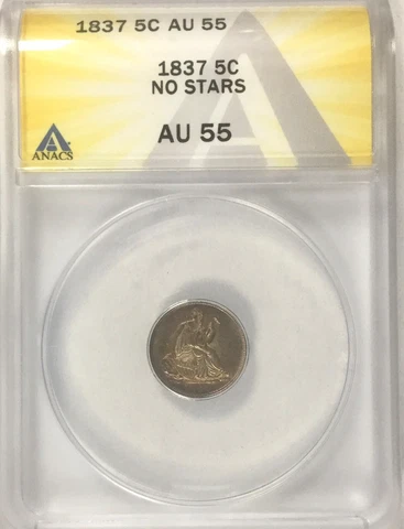 1837 Seated No Stars  Half Dime Toned Collectors Coin ANACS AU 55 Nice Coin! Cover
