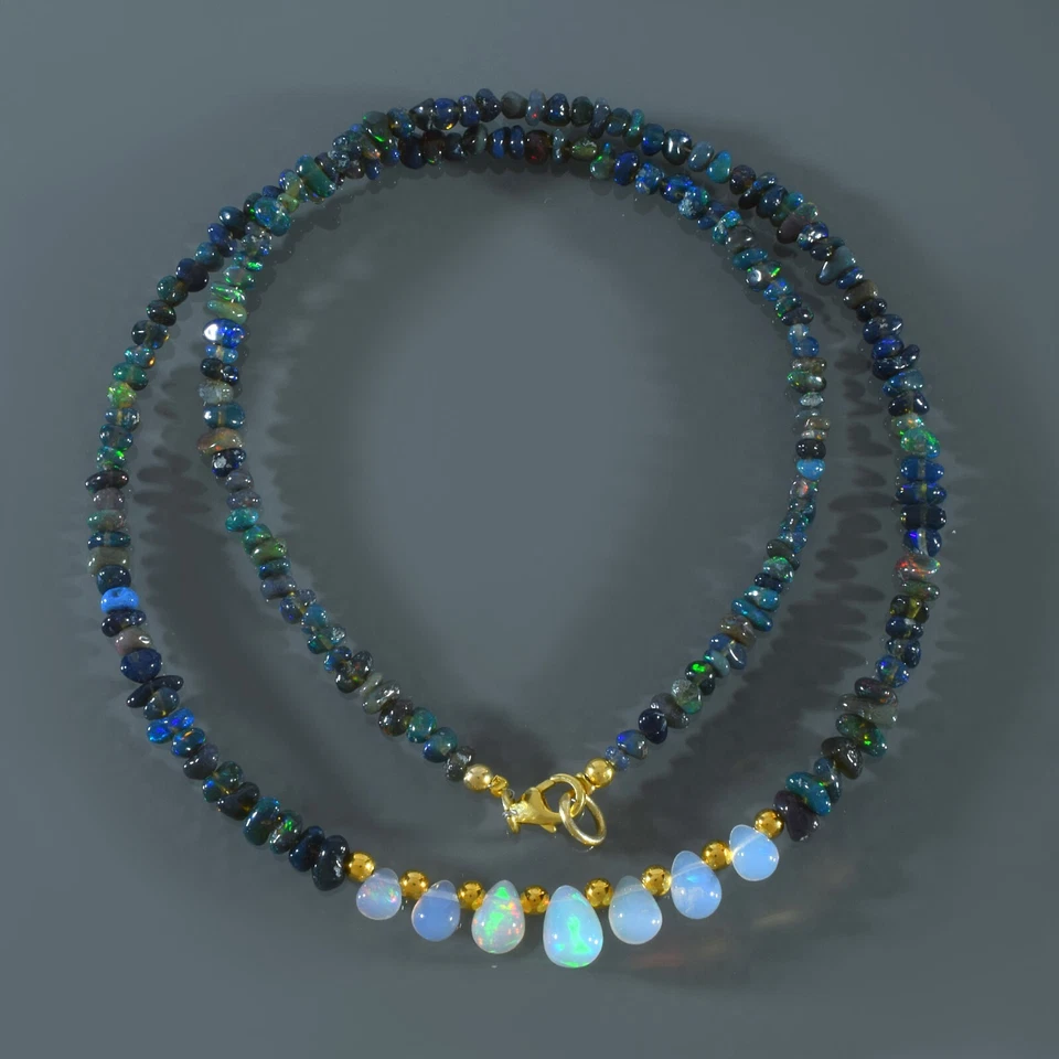 Handcrafted Natural Rainbow Fire Black Opal Beads 925 Silver Chain Necklace 18" - Image 1 of 4