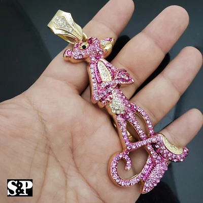 HIP HOP ICED CUBIC ZIRCONIA GOLD PLATED PINK PANTHER LARGE BLING CHARM PENDANT - Image 1 of 4