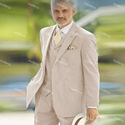 3 Piezas Trajes de Algodón Seersucker para Hombres Formales Hombres de Negocios Trajes Esmoquin de Boda Foto 1 de 4