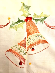 Vintage Handmade White Cross Stitch Cristmas Tablecloth Bells & Holly 88x58 - Picture 1 of 18
