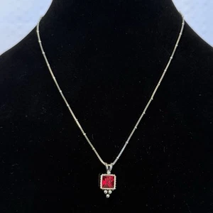 Lia Sophia “Lady In Red” Red Cut Crystal Stone Pendant Silver Tone Necklace EUC - Picture 1 of 13