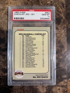 1983 FLEER BASEBALL #652 CHECKLIST 252 - 301 POP 5 PSA GEM MINT 10 - Picture 1 of 2