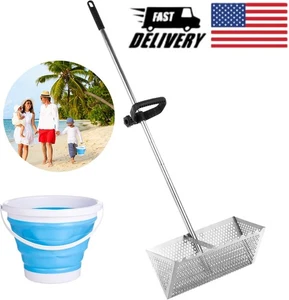 Stainless Steel Sand Fleas Rake w/ Detachable Handle + A Plastic Folding Bucket - Picture 1 of 10