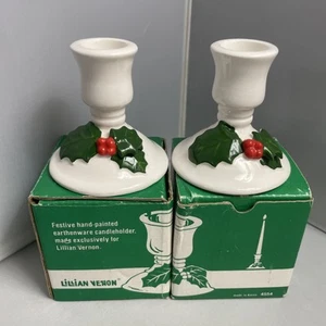 Weihnachten Kerzenständer Paar von Lillian Vernon Holly Berries Keramik Vintage - Bild 1 von 14