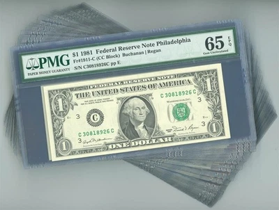 Fr. 1911-C $1 1981 FRN Philadelphia 40 Consec. 64EPQ-65EPQ PMG DC-1866 - Image 1 of 3