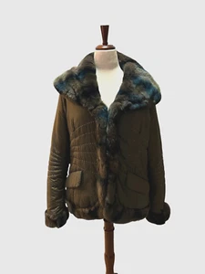 Abrigo De Colección Y2K Invidia Nueva York Verde Oliva Nylon con Piel de Conejo Rex Talla 10 - Imagen 1 de 12