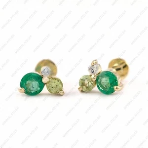 Emerald, Peridot & CZ Studs Earrings, 925 Silver Yellow Gold plated Jewelry us-7 - Picture 1 of 1