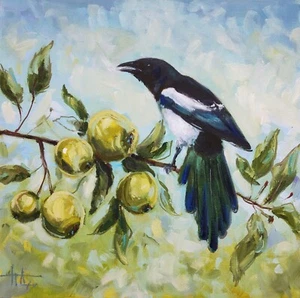 Original Oil Painting On Canvas Magpie Bird 30x30 cm Wall Art - Picture 1 of 7