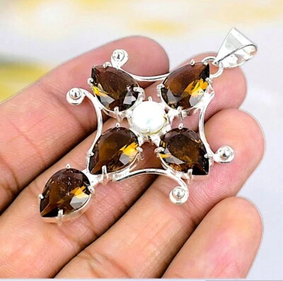 Smokey Quartz Gemstone Handmade 925 Sterling Silver Quartz Jewelry Pendant 1.77" - Image 1 of 3