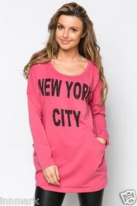 OVERSIZE BOAT CREW LONG SLEEVE MINI DRESS STRETCH ZIP POCKETS TUNIC PINK 565  - Picture 1 of 3