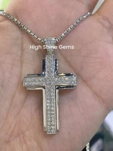 1.20CT Round Cut Moissanite Cluster Cross Religious 925 Silver Unisex Pendant - Picture 1 of 5