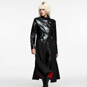 PUNK RAVE Queen Of Night Gothic Mantel Schwarz Woll-Mix Lackleder Rotes Futter - Picture 1 of 9