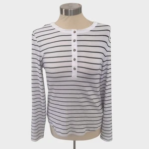 C&C California Womens Medium White Black Stripe Long Sleeve Henley Shirt - Picture 1 of 7