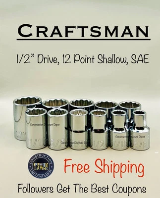 NEW Craftsman 11 Piece 1/2" Drive SAE 12 Point Chrome Ratchet wrench socket set - Image 1 of 3