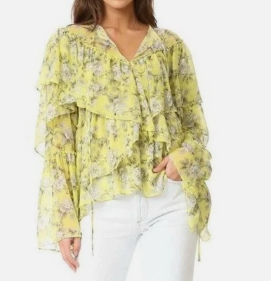 Blusa Robert Rodriguez Amarilla Floral 100% Seda Capas Volantes Fluida XS Foto 1 de 4