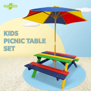 Kids Picnic Table Setting W/ Umbrella Wooden Children Garden Park Outdoor Kid - Picture 1 of 9